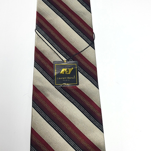 NWT Laurant Benon Paris Mens Neck Tie Red Black Taupe Stripes 58" - Picture 3 of 6